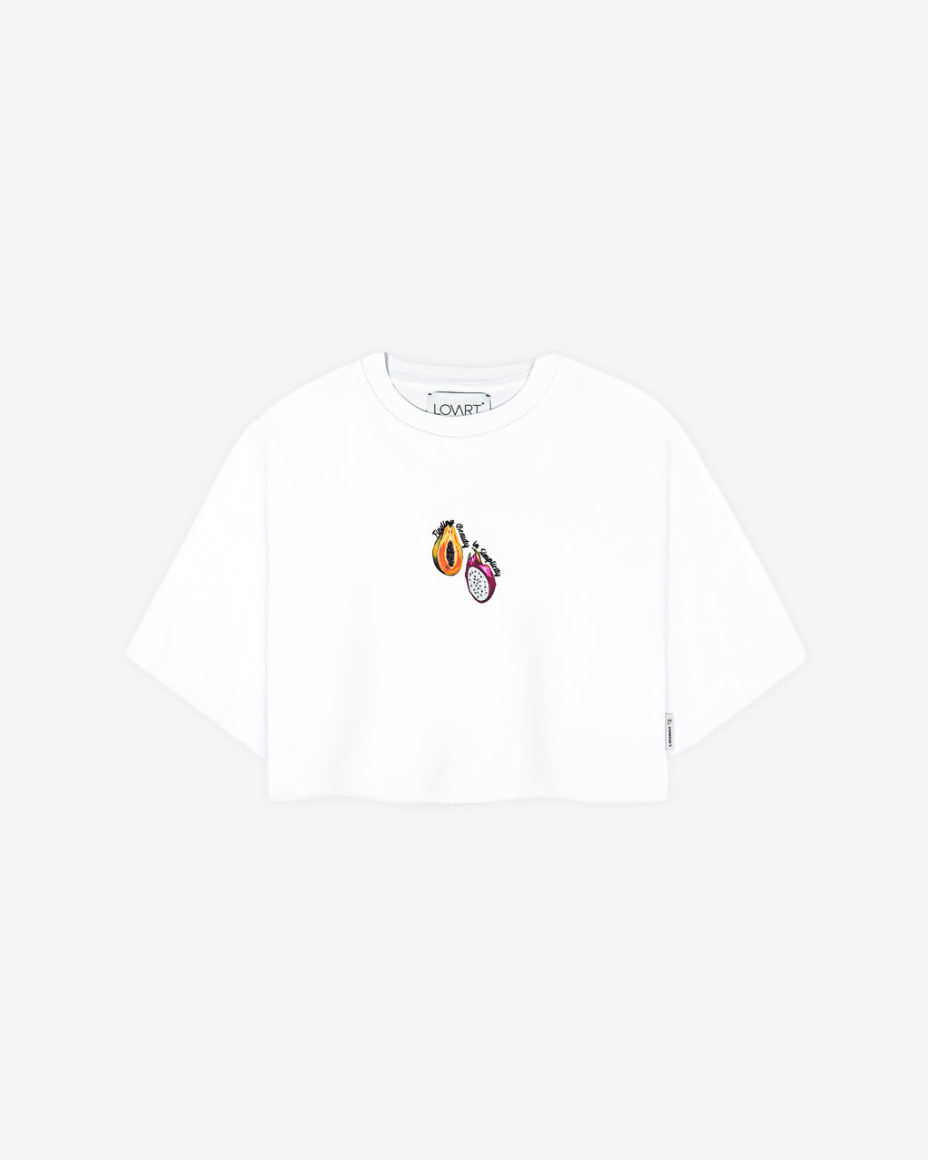 Camiseta crop blanca con gráfico frutas